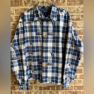 Y2K Tommy Jeans all over logo/name print button up long sleeve shirt